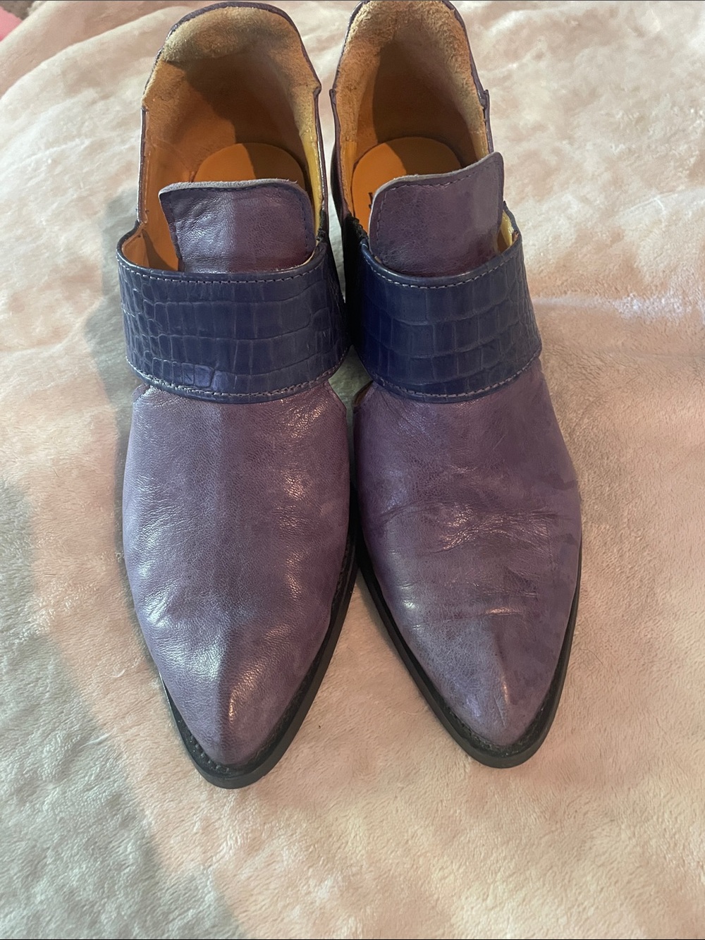 John Fluevog Purple Leather Pointed Slip-Ons with Croc Strap Room 502